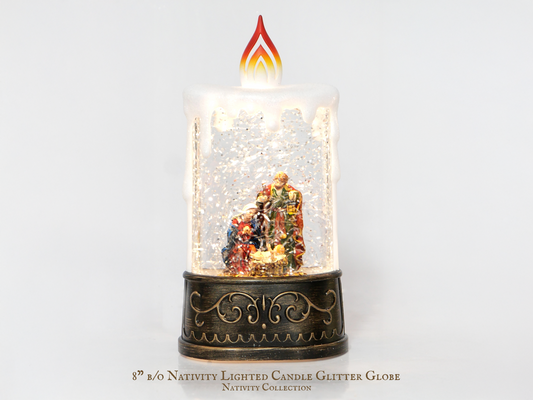8" B/O Lighted Nativity Candle Glitter Globe, Bronze