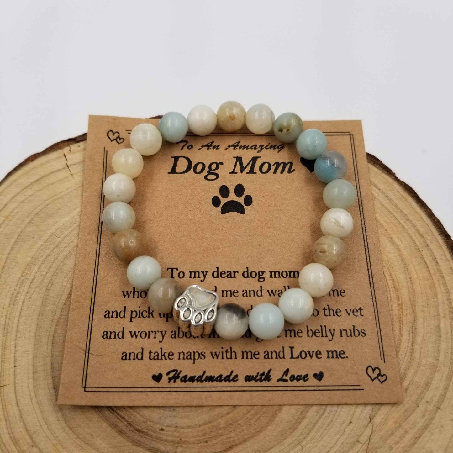 Natural Stone Dog Mom Bracelet With Card: Pink