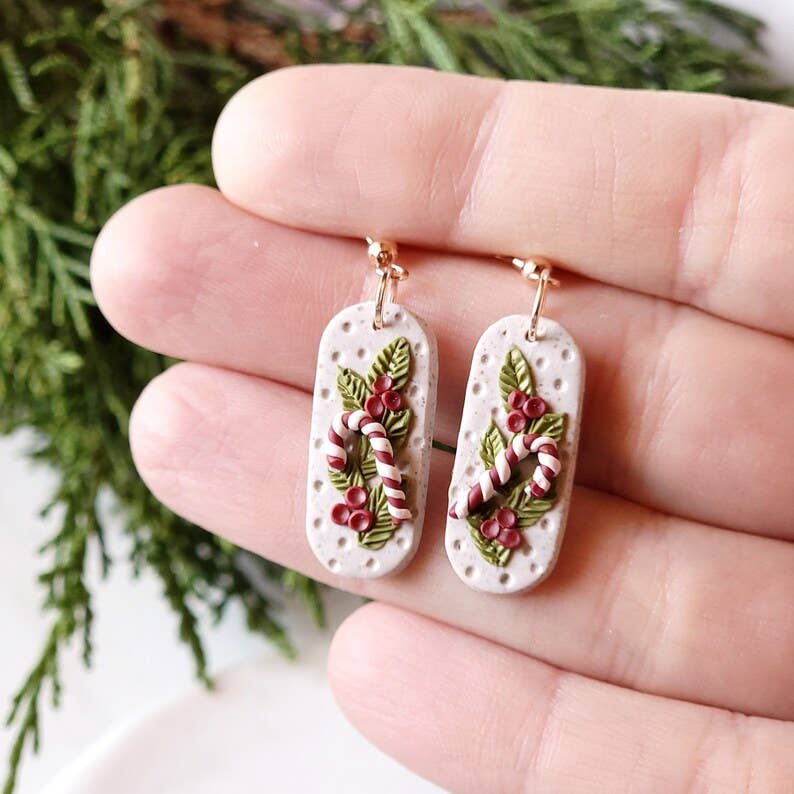 Hand Crafted Candy Cane Holly Leaf Earrings