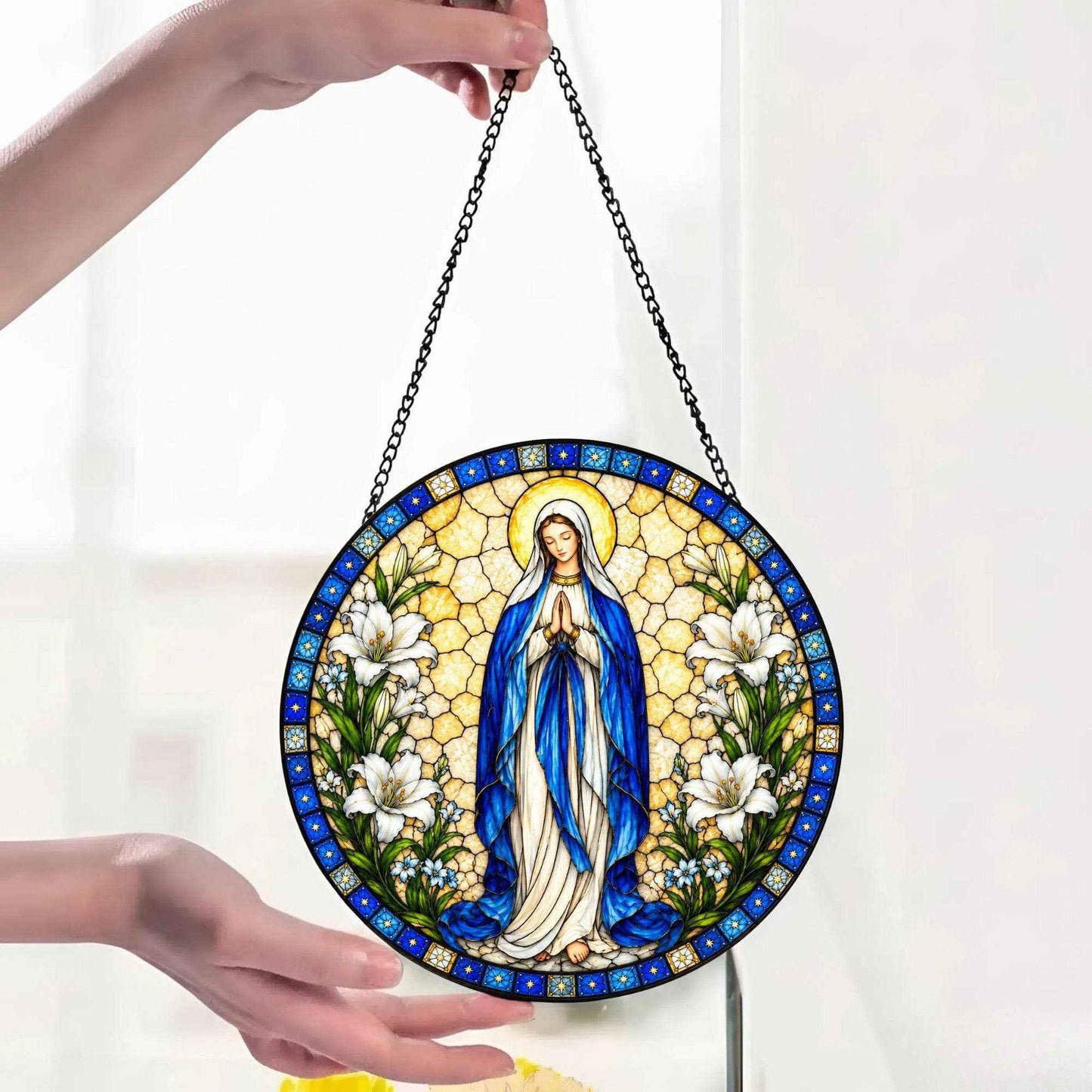 Virgin Mary Stained Glass Suncatcher, Christian Window Decor