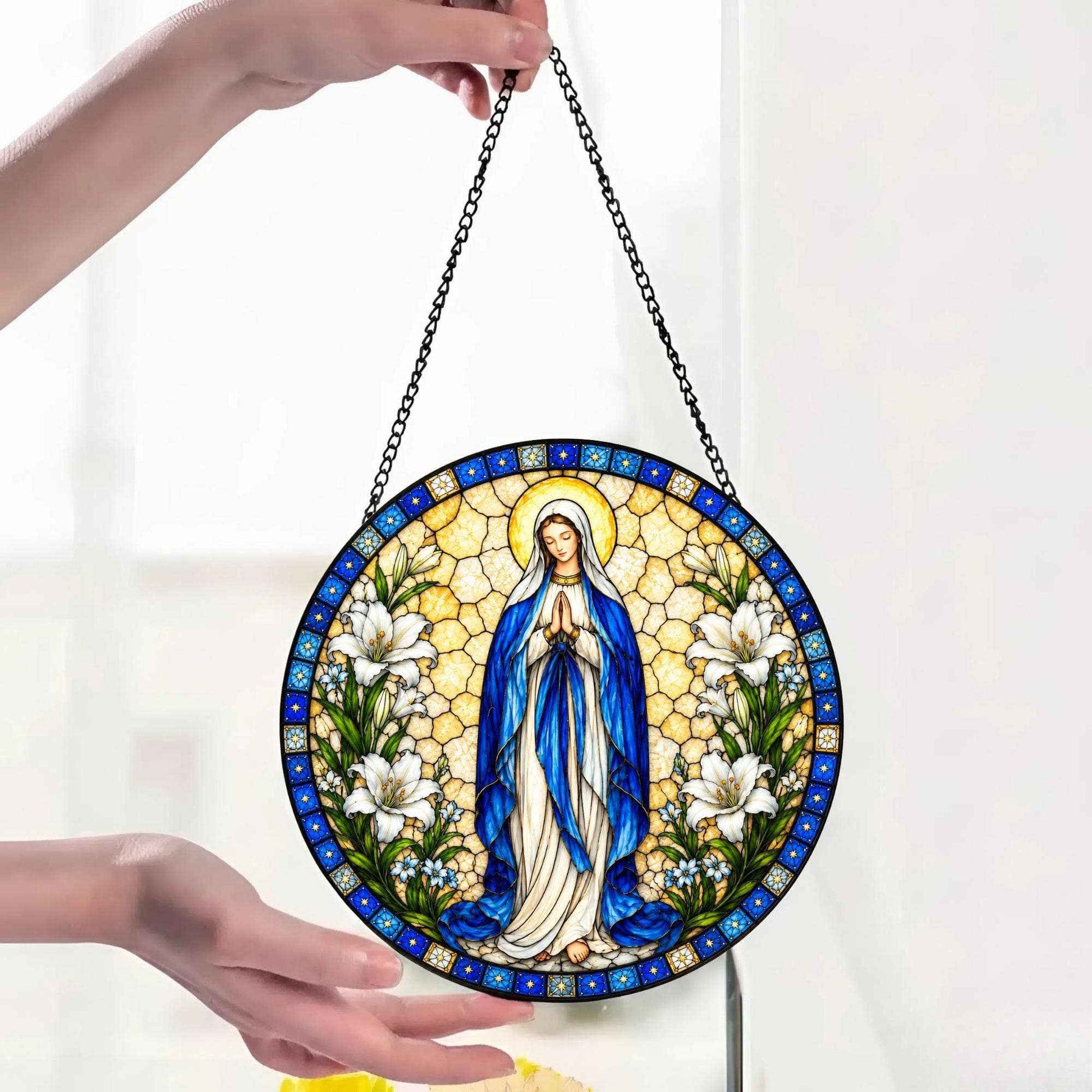 Virgin Mary Stained Glass Suncatcher, Christian Window Decor