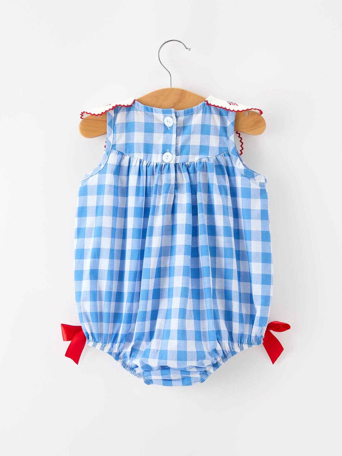 Girls 4th of July Plaid Romper Bow Embroidery Petals Collar: 3M