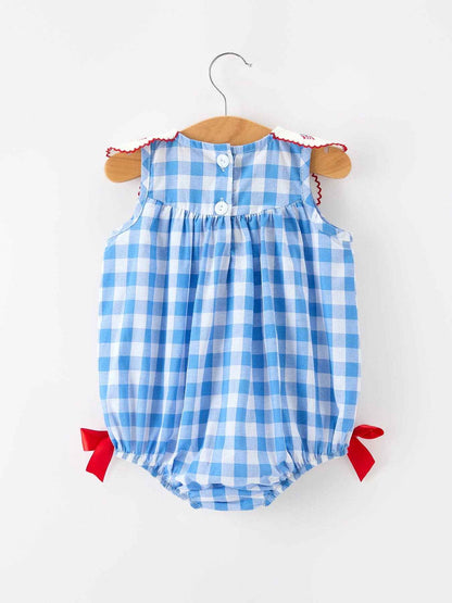 Girls 4th of July Plaid Romper Bow Embroidery Petals Collar: 3M