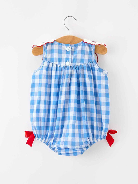 Girls 4th of July Plaid Romper Bow Embroidery Petals Collar: 3M