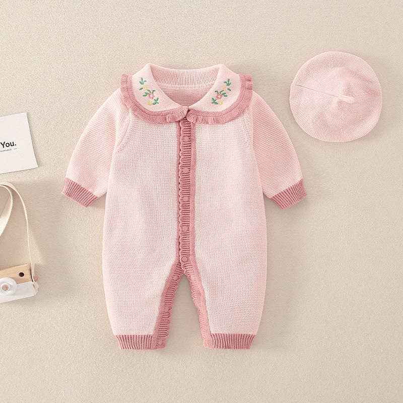 Baby Pink Floral Lace Collar Romper with Hat: Pink / 18-24M