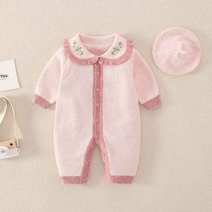Baby Pink Floral Lace Collar Romper with Hat: Pink / 18-24M