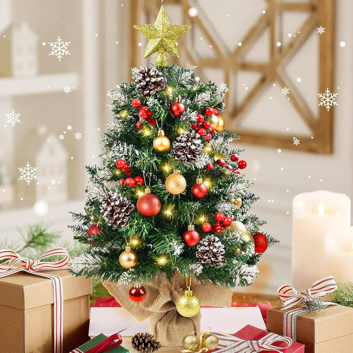 24" Tabletop Christmas Tree | Pre-Lit Lights and Ornaments