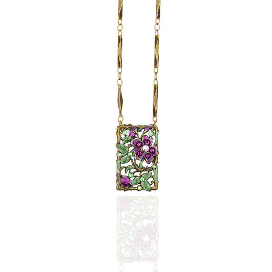 Art Nouveau Green Garden Amethyst Crystal Flower Necklace