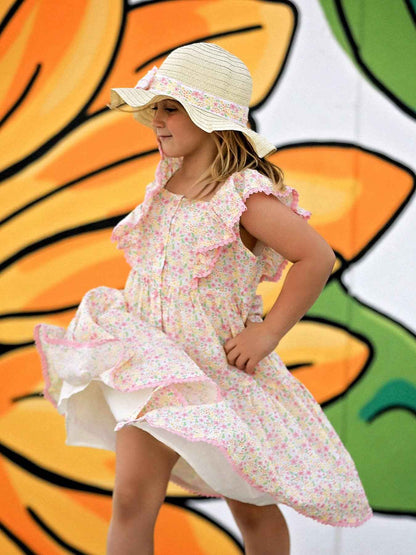 Spring Floral Girls Ruffle Dress With Bow Straw Hat Set: 6