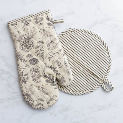 Oven Mitt And Pot Holder - Black And White Botanicals