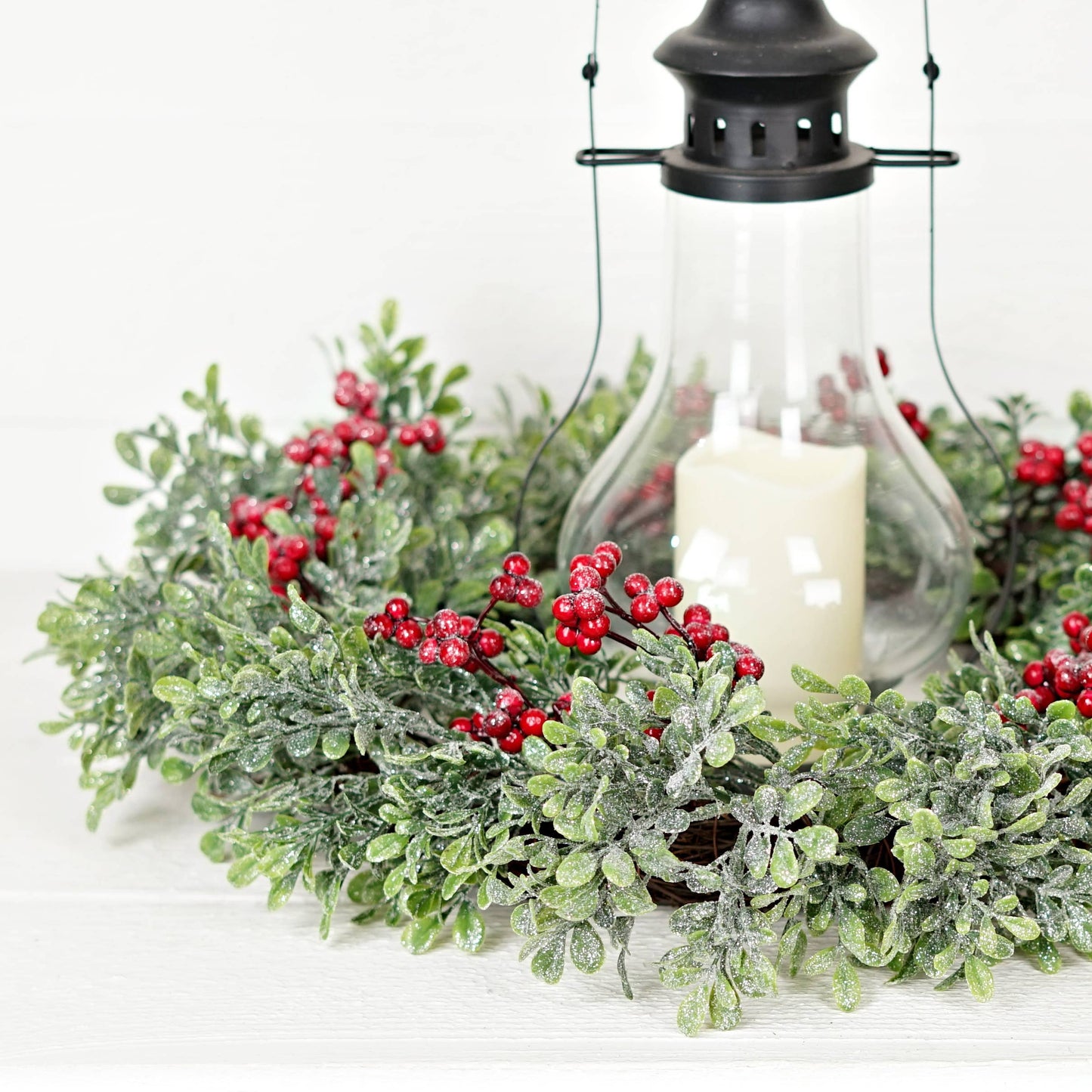 22in Twig Wreath-Icy Sparkle Boxwood with Red