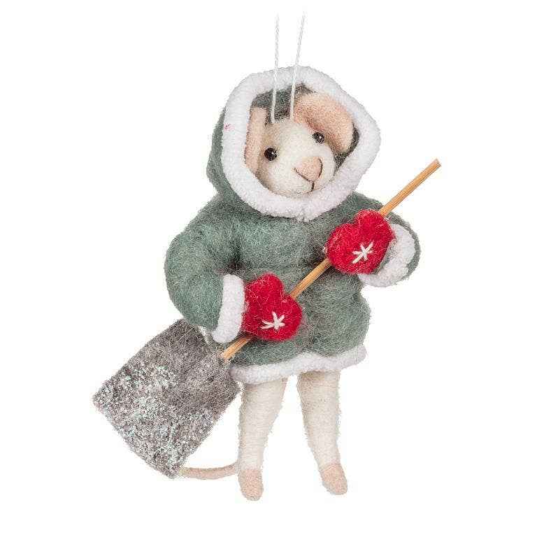 Mouse with Shovel Ornament-Green-5.5"H