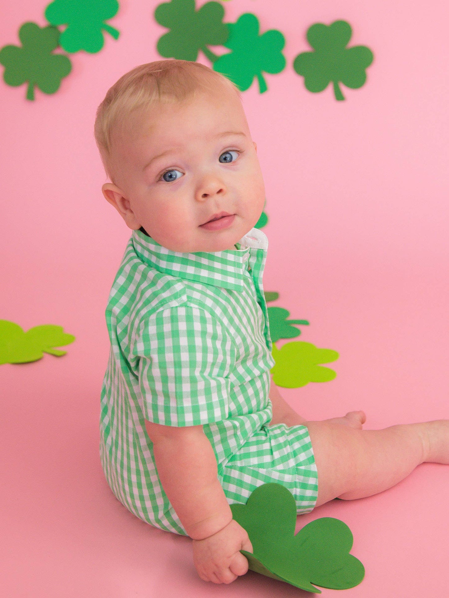 Baby Boys Classic Spring Green Gingham Short Button-Up Romper