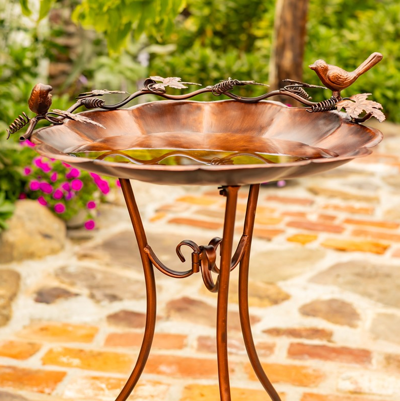 29.25" Tall Flower-Shaped Birdbath & Trifold Stand in Antiqu