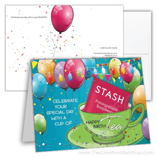 Tea Greetingcard with Real Tea Bag - Happy Birthtea Balloons