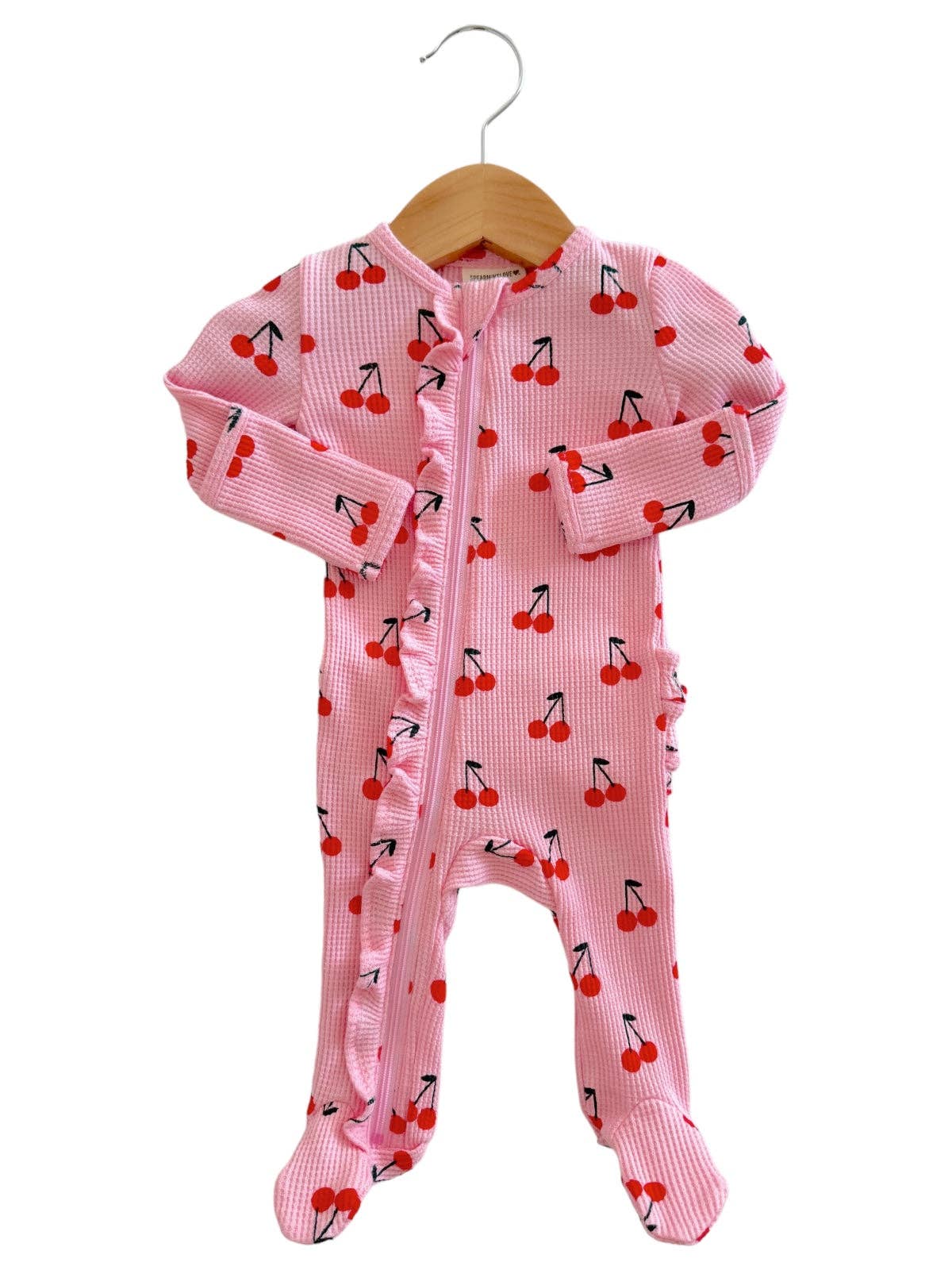 Organic Waffle 2-Way Zip Ruffle Footie, Pink Cherries: 0 - 3 mo.
