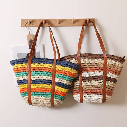 Colorful striped one-shoulder straw bag large-capacity beach bag