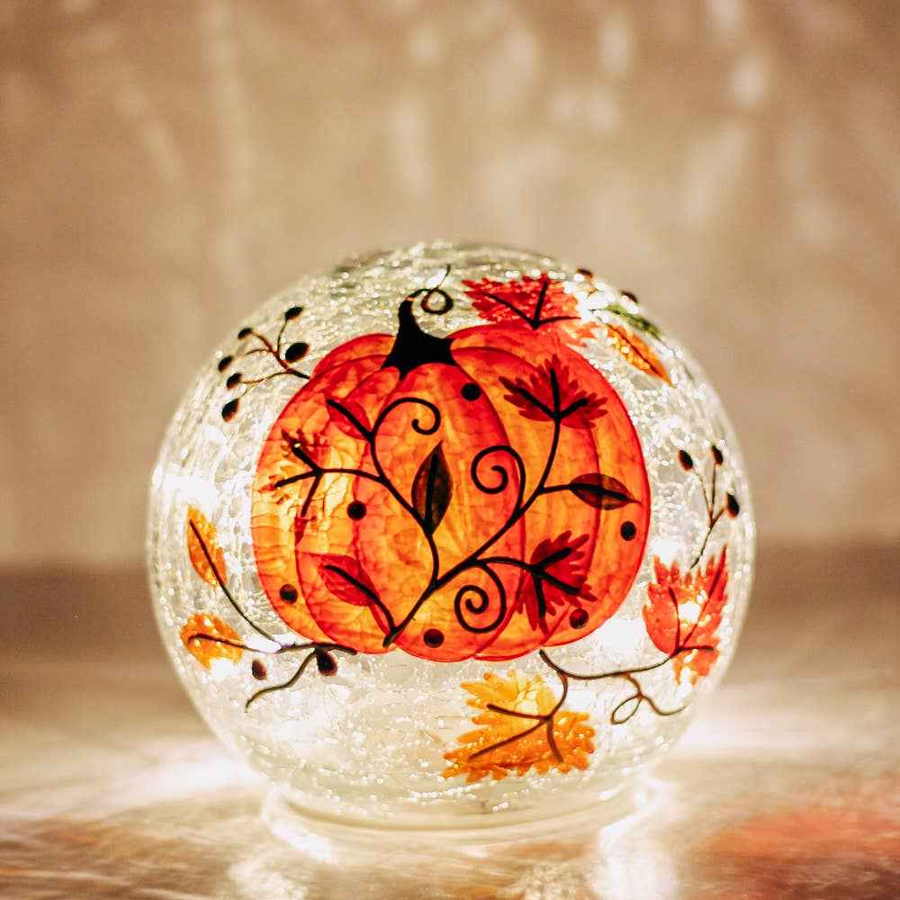 Swirling Pumpkin LED Glass Orb – Fall Autumn Home Decor