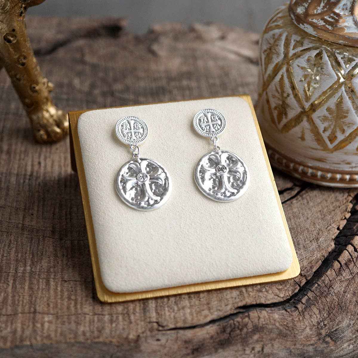 Faith & Relic – Cross Coin Dangle Earrings in Worn Gold or Silver: Gold