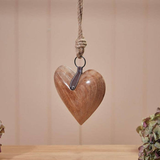 Mango Wood Chunky 3D Heart Hanger Small with Leather Detail