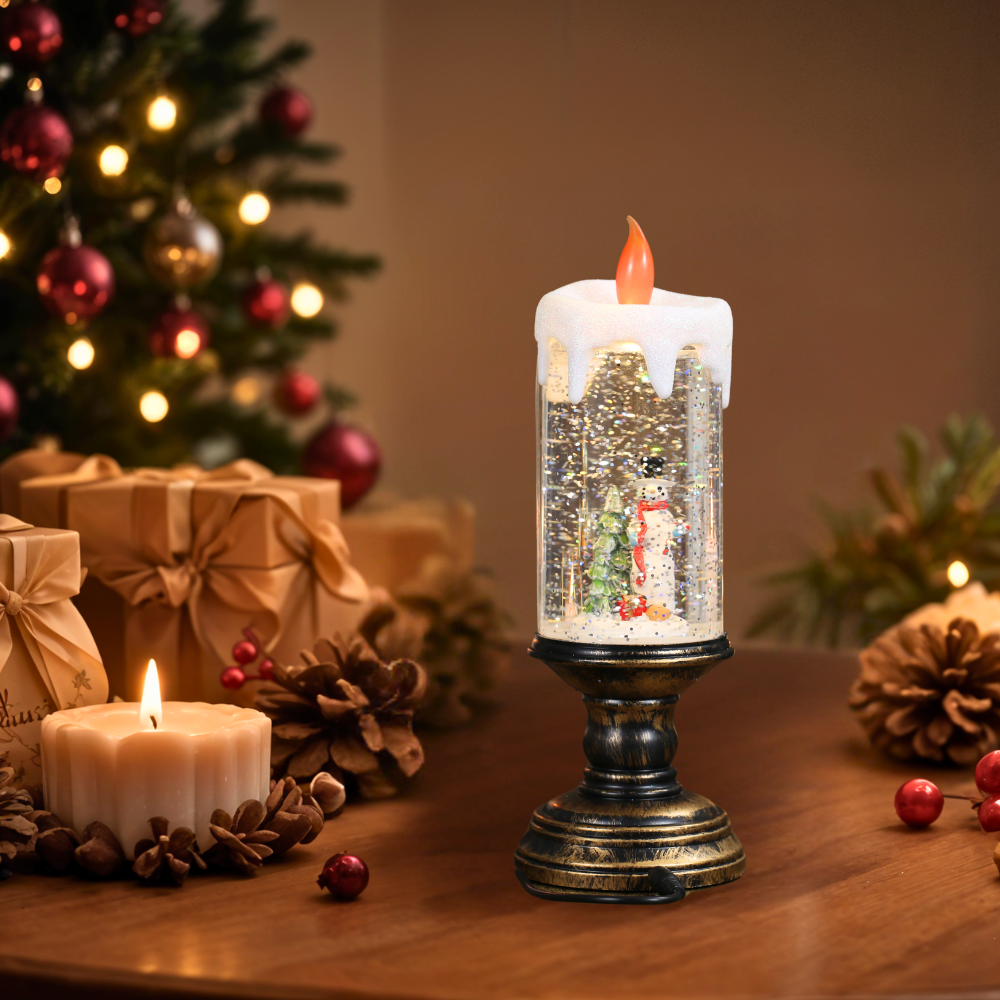 Christmas Musical Snow Globe Candlestick Lantern with Snowman Scene for Christmas Decoration