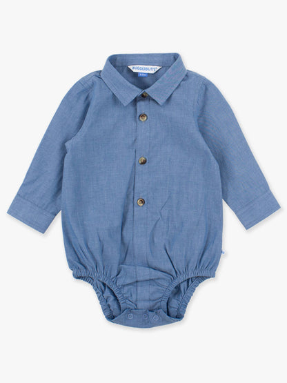 Baby Boys Blue Chambray Long Sleeve Button Down Bodysuit: Blue