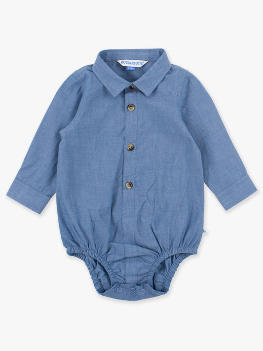Baby Boys Blue Chambray Long Sleeve Button Down Bodysuit: Blue