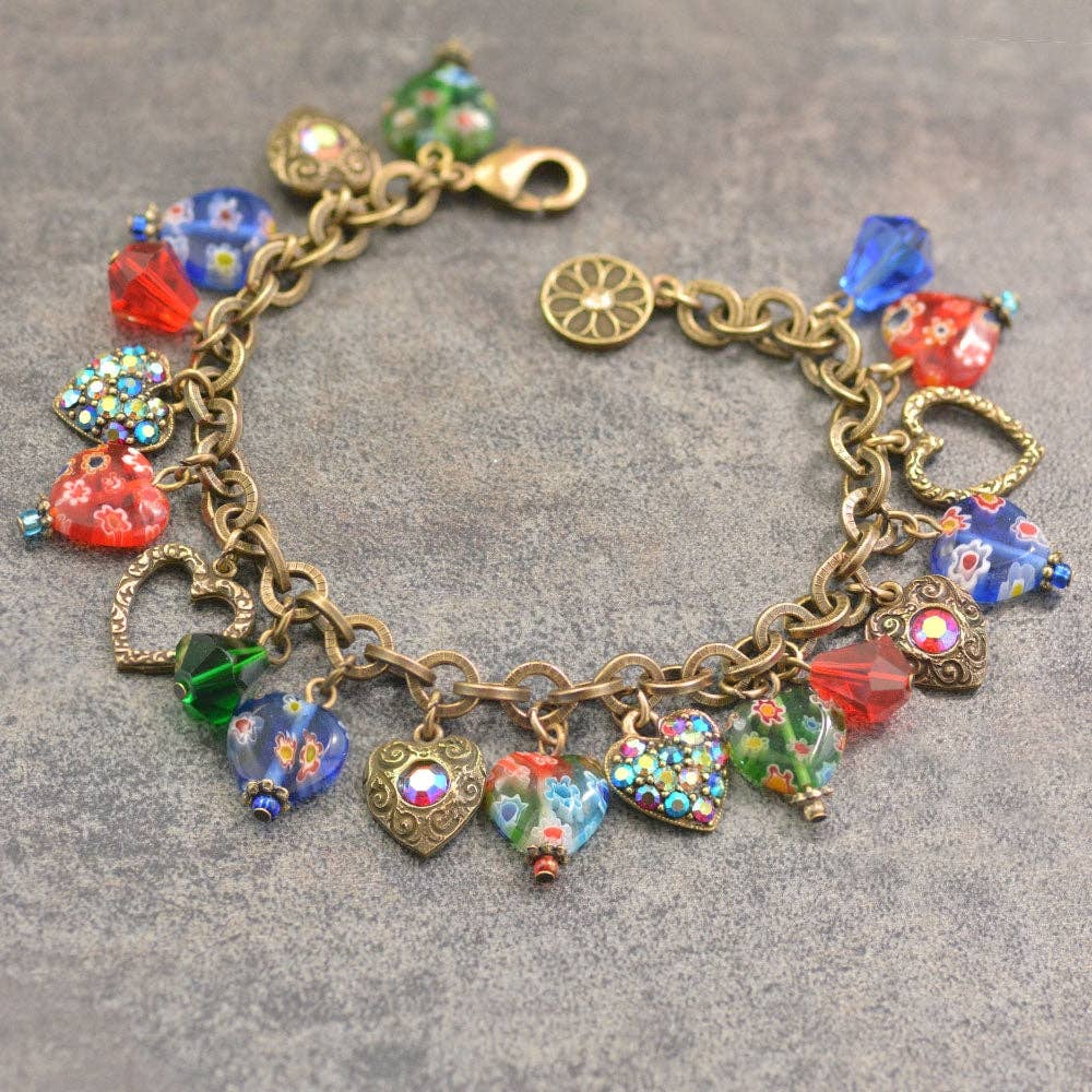 Millefiori Glass Hearts Charm Bracelet BR583