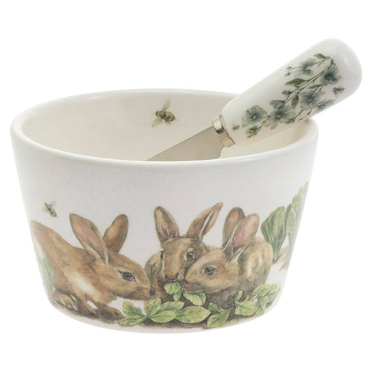 4.75" Garden Rabbits Ceramic Bowl & Metal Spreader