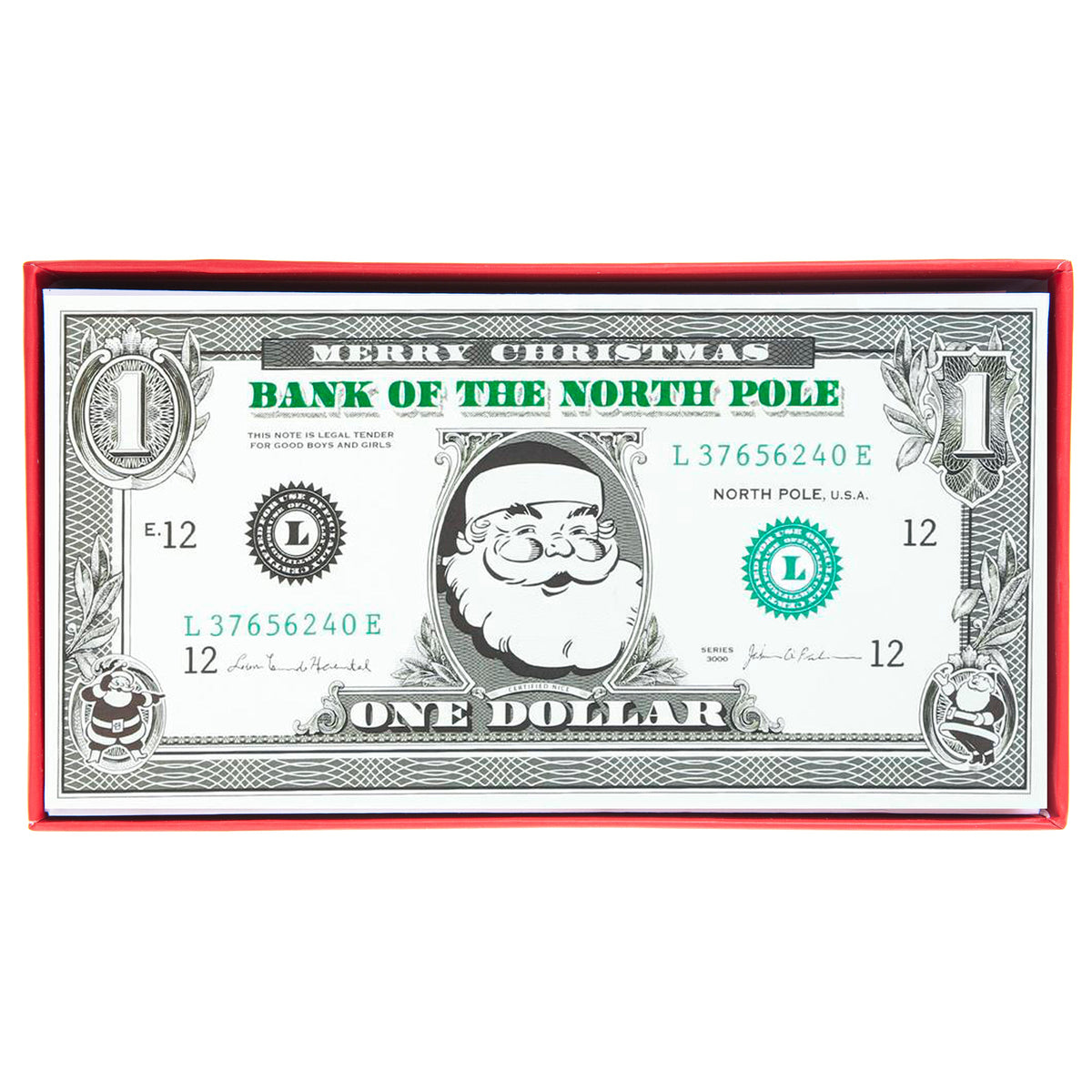 Santa Dollar Bill Holiday Boxed Cards, A boxed holiday card designed to look like a green foil dollar bill printed with a Santa portrait and Bank of the North Pole.