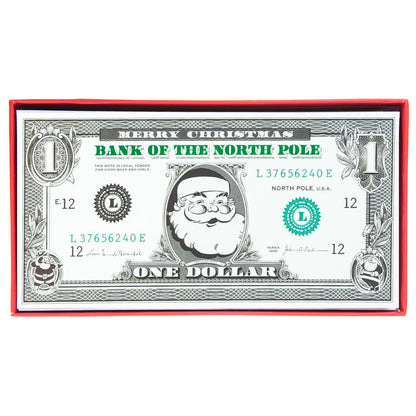 Santa Dollar Bill Holiday Boxed Cards, A boxed holiday card designed to look like a green foil dollar bill printed with a Santa portrait and Bank of the North Pole.