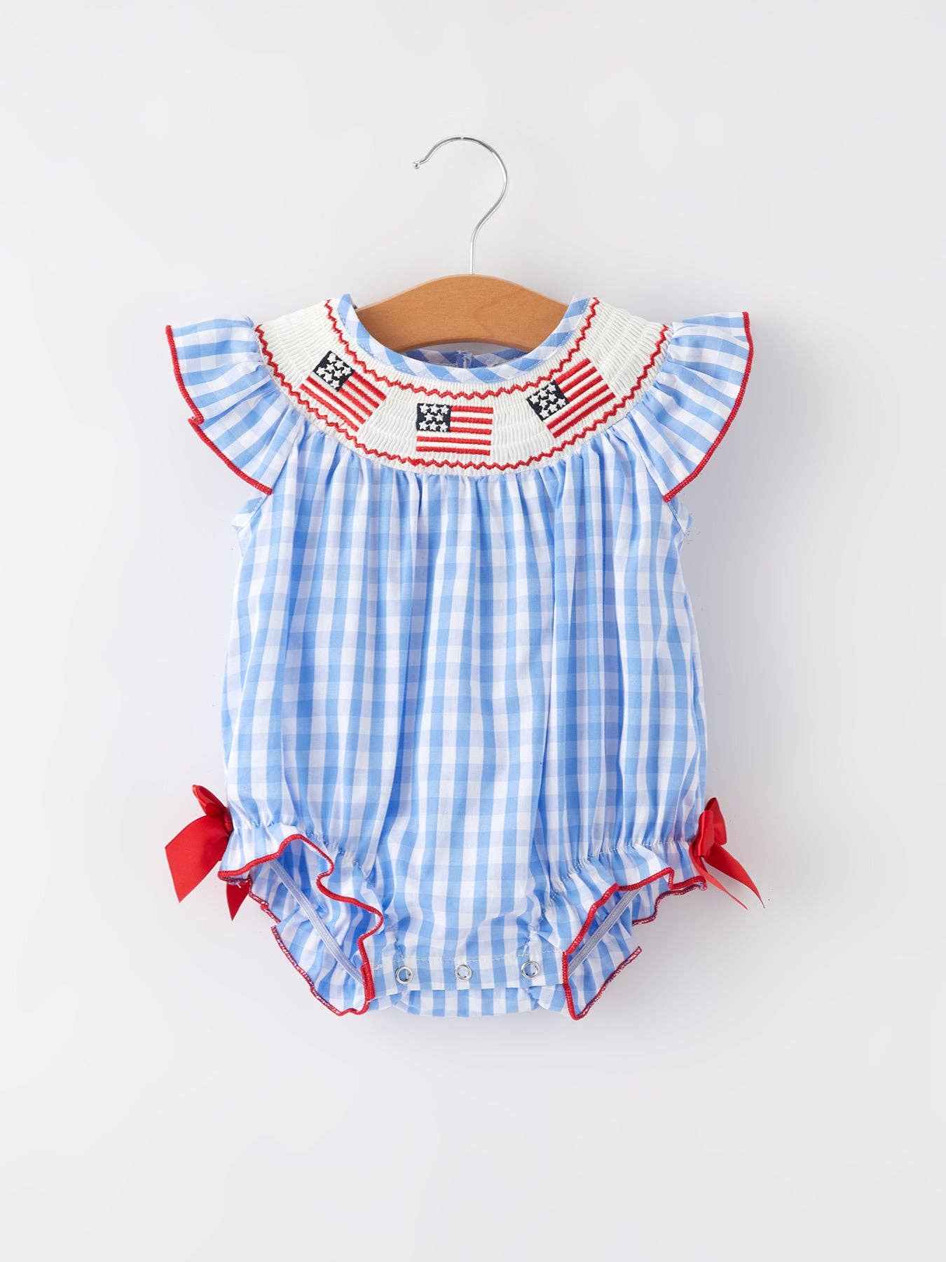 4th of july Flag Embroidery Smocking Girls Romper: 3M