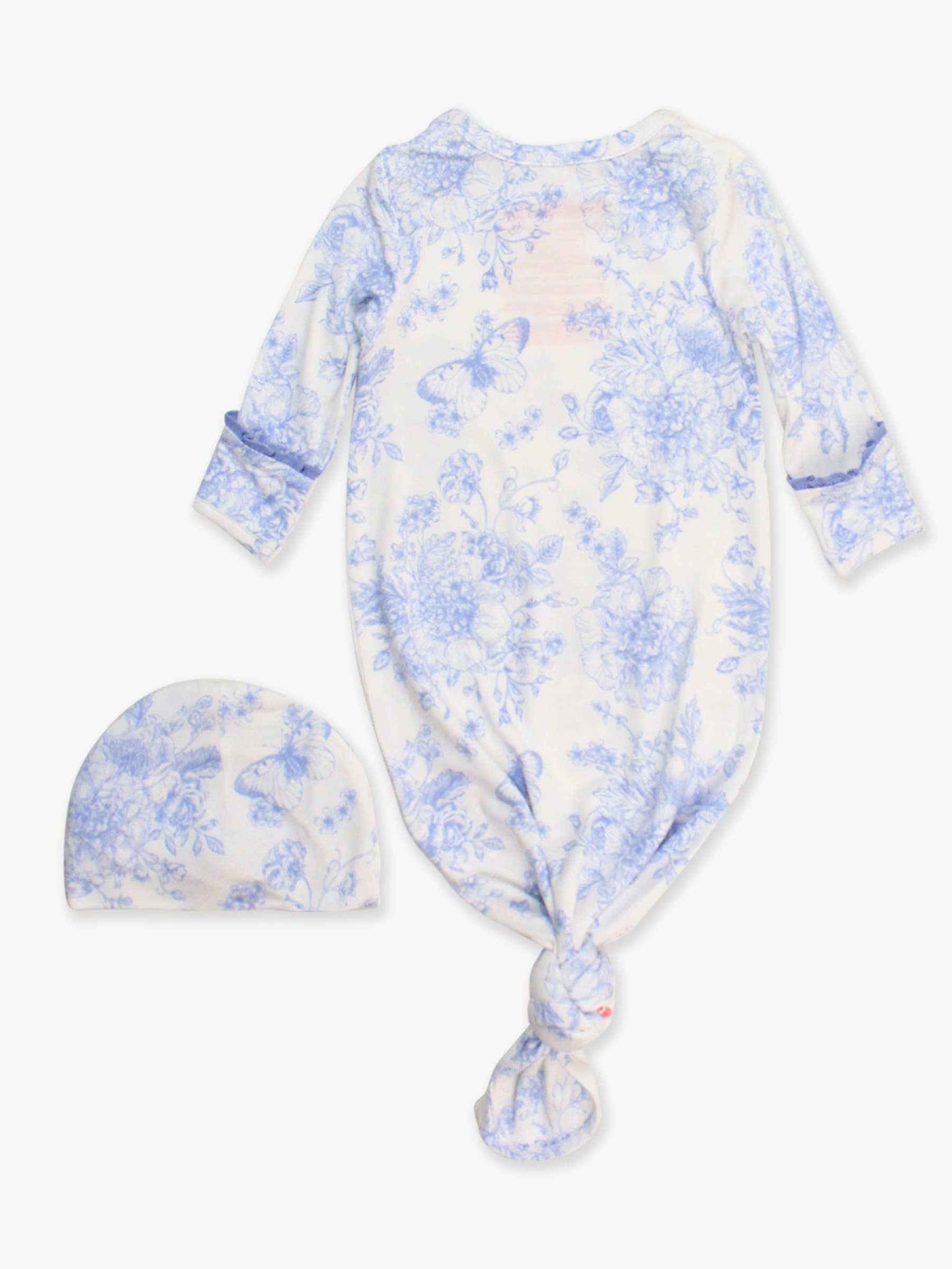 SoftSnooze™ Baby Girls Bamboo Viscose Periwinkle Butterfly Garden Ruffle Knotted Sleep Gown & Bow Hat Set: Blue / Newborn-3m