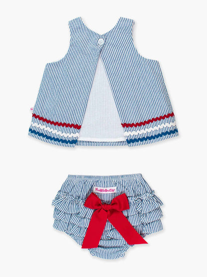 Baby Girls Americana Classic Blue Seersucker Ric Rac Swing Top & Bloomer Set: 0-3m