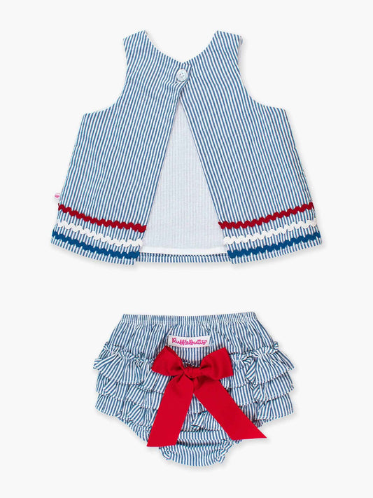 Baby Girls Americana Classic Blue Seersucker Ric Rac Swing Top & Bloomer Set: 0-3m