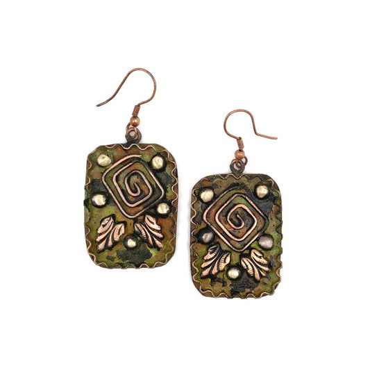 Copper Patina Earrings - Square Spiral in Green Rectangles