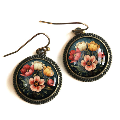 Moody Tulip Spring Glass Cabochon and Bronze Earrings