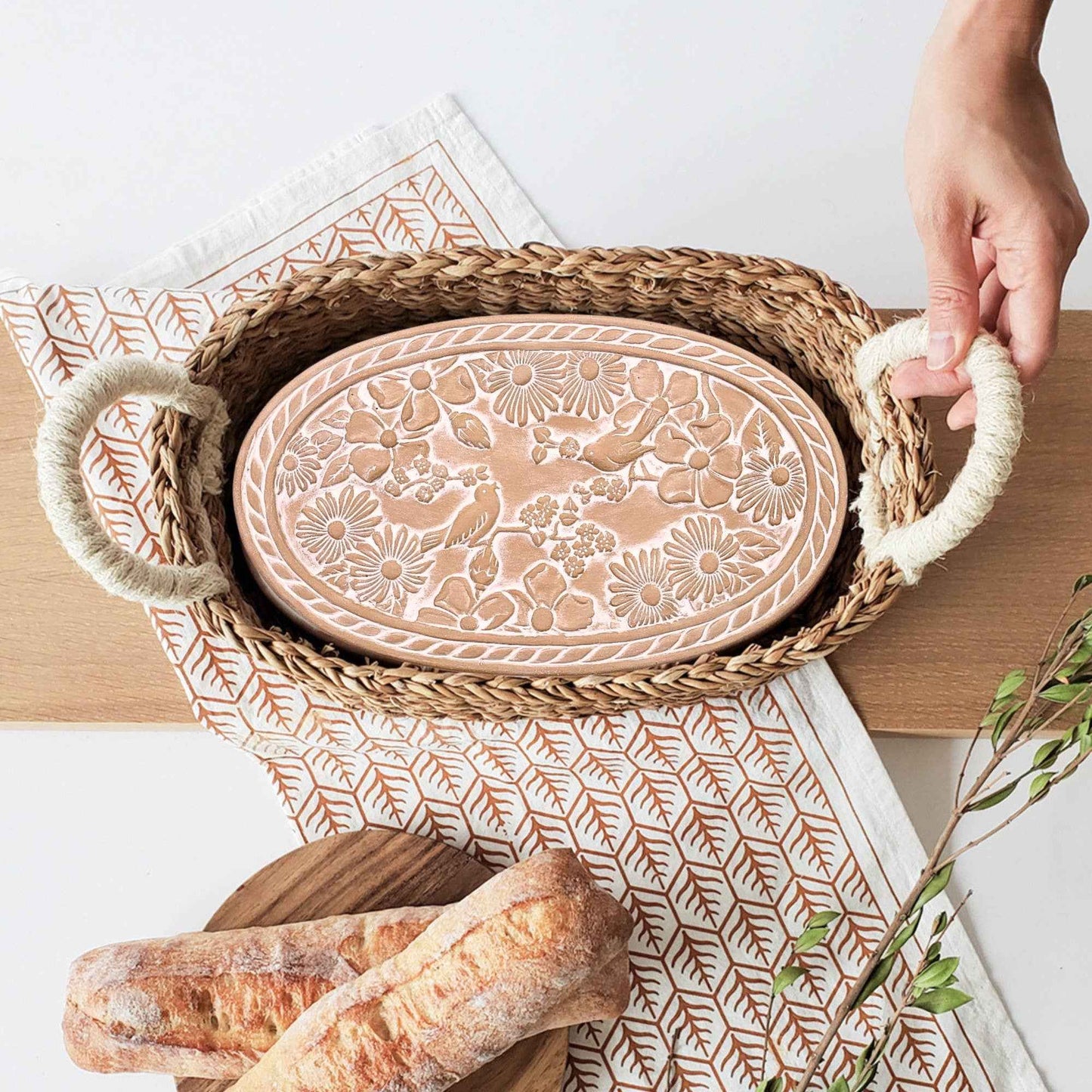 Handmade Bread Warmer & Wicker Basket - Garden Oval