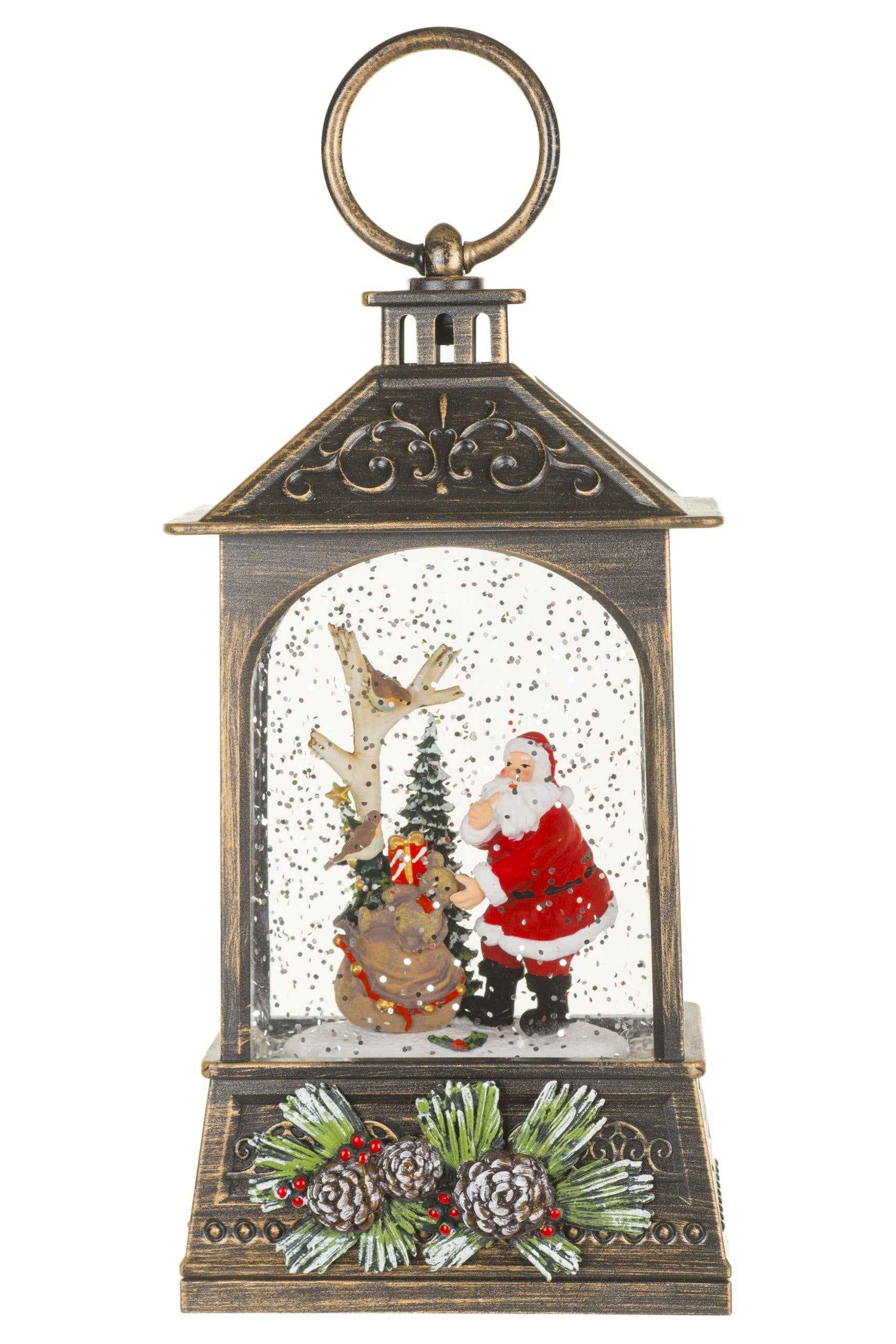 NEW- Brown Lantern Snow Globe with Woodland Santa-Scape