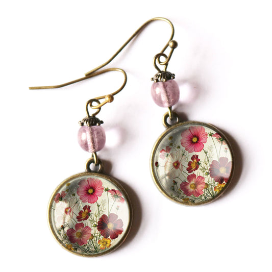 Cosmo Flower Glass Cabochon and Bronze Earrings