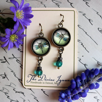 Dragonfly Vintage Inspired Glass Cabochon Earrings