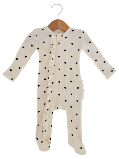 Organic Waffle 2-Way Zip Ruffle Footie, Black Heart: 3 - 6 mo.