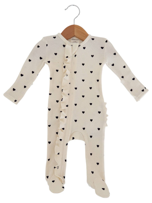 Organic Waffle 2-Way Zip Ruffle Footie, Black Heart: 3 - 6 mo.