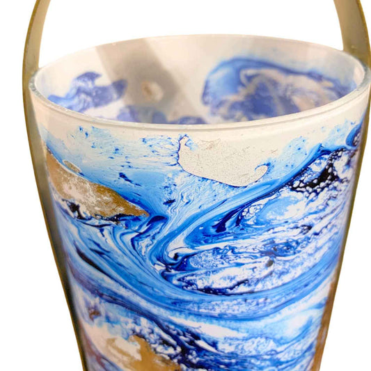 NAVY GOLD WATERCOLOR GLASS CANDLE HOLDER 11" H X 4" DIA
