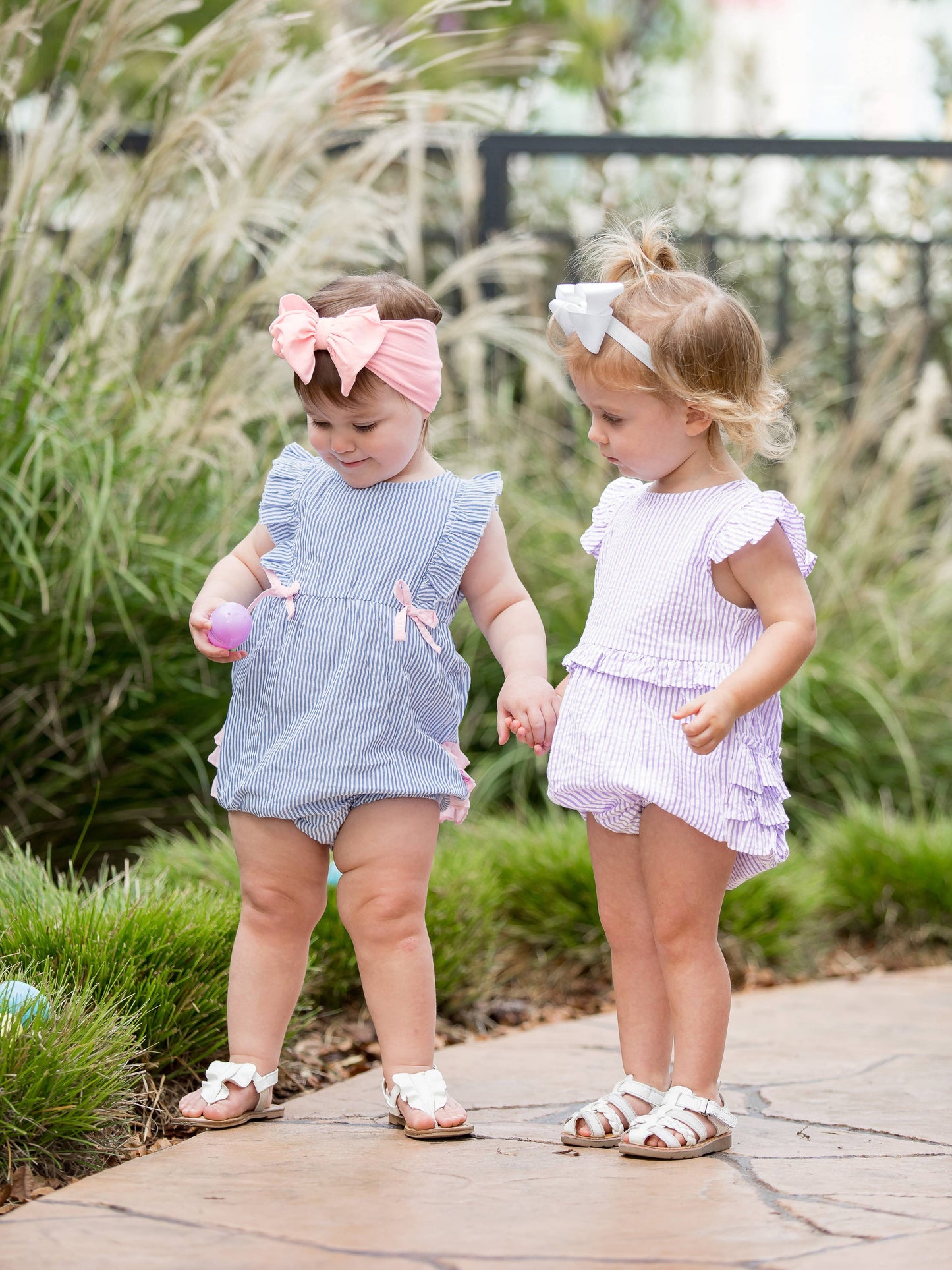 Baby Girls Blue Seersucker Classic Ruffle Bubble Romper: Blue