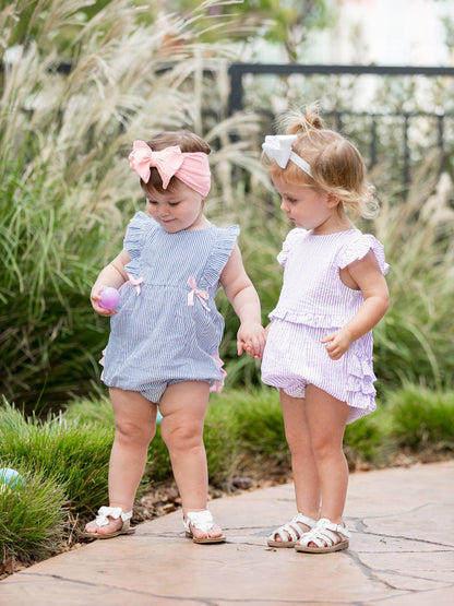 Baby Girls Blue Seersucker Classic Ruffle Bubble Romper: Blue