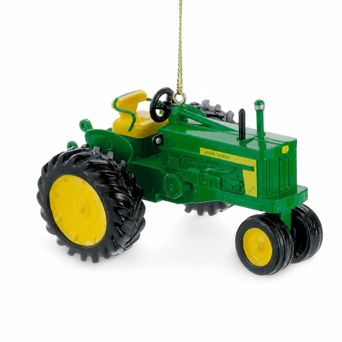 Farm Tractor Christmas Ornament, John Deere, Vintage Tractor design: a classic open seat tractor with narrow front wheels and a John Deere decal