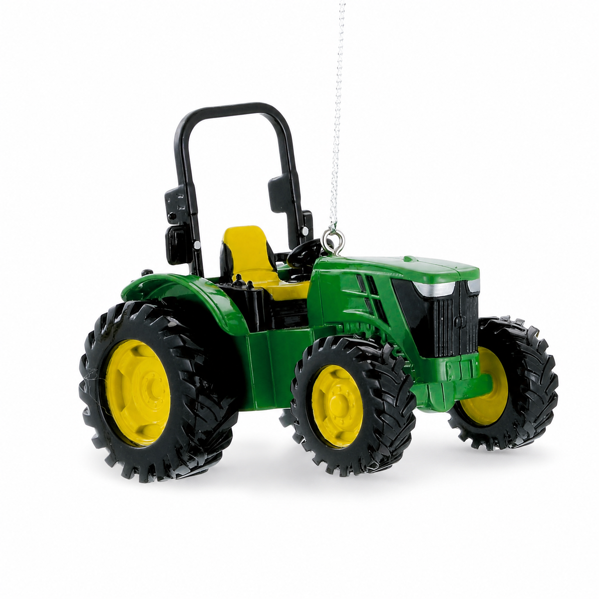 Farm Tractor Christmas Ornament, John Deere, Utility Tractor design: an open station tractor with a black roll bar and a yellow seat