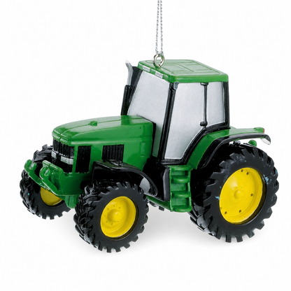 Farm Tractor Christmas Ornament, John Deere, Cab Tractor design: a modern tractor with an enclosed cab and big lugged tires
