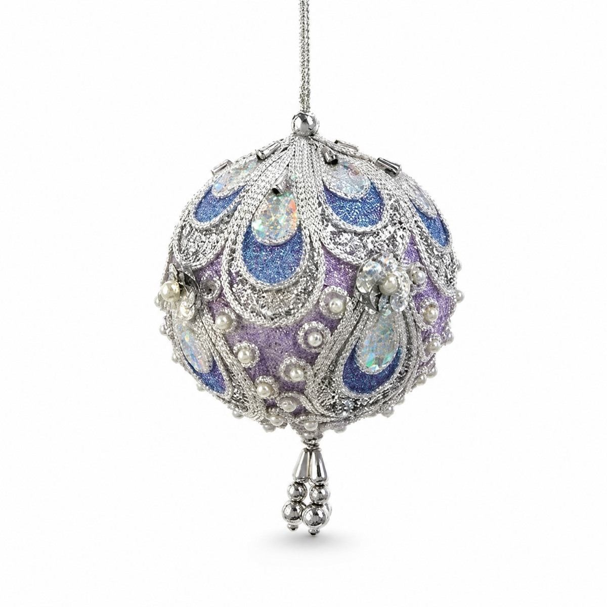 Lavender and Blue Beaded Christmas Ornament, Ball design: full and round, silver scallops falling from the cap